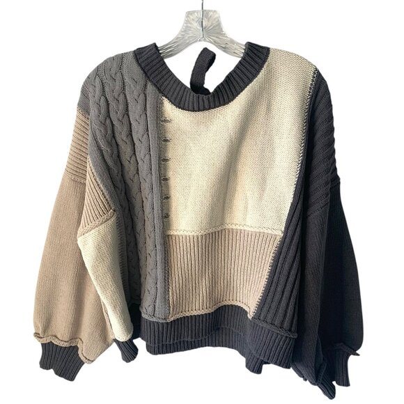 BY THE RIVER Gray + Beige Colorblock Tie-Back Neck Latern Sleeve Sweater NWOT S - Picture 4 of 10